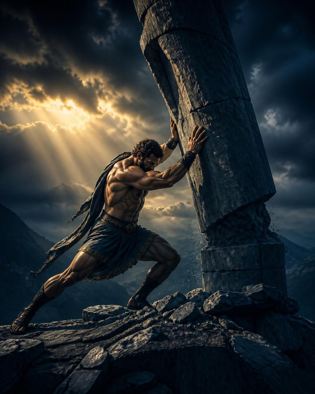 A heroic figure pushes a broken pillar against a stormy sky — the weight of leadership challenges.